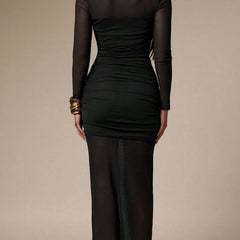 Black mesh patchwork ruched bodycon maxi dress by Christine Brewer, featuring a fitted silhouette and stylish design.