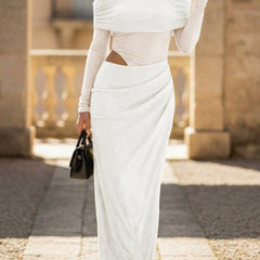 Elegant white French-style slim-fit dress by Christine Brewer, featuring tailored design and sophisticated details.