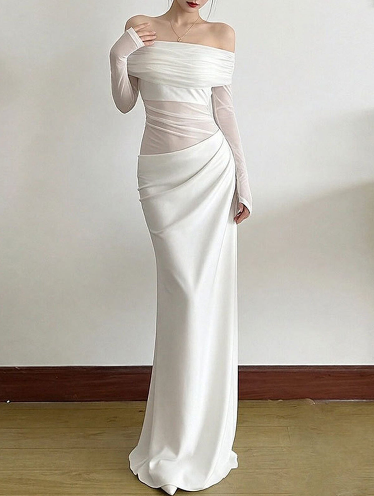 Elegant white French-style slim-fit dress by Christine Brewer, featuring a sophisticated design and tailored fit.