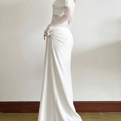 Elegant white French-style slim-fit dress by Christine Brewer, featuring a tailored silhouette and classic design.