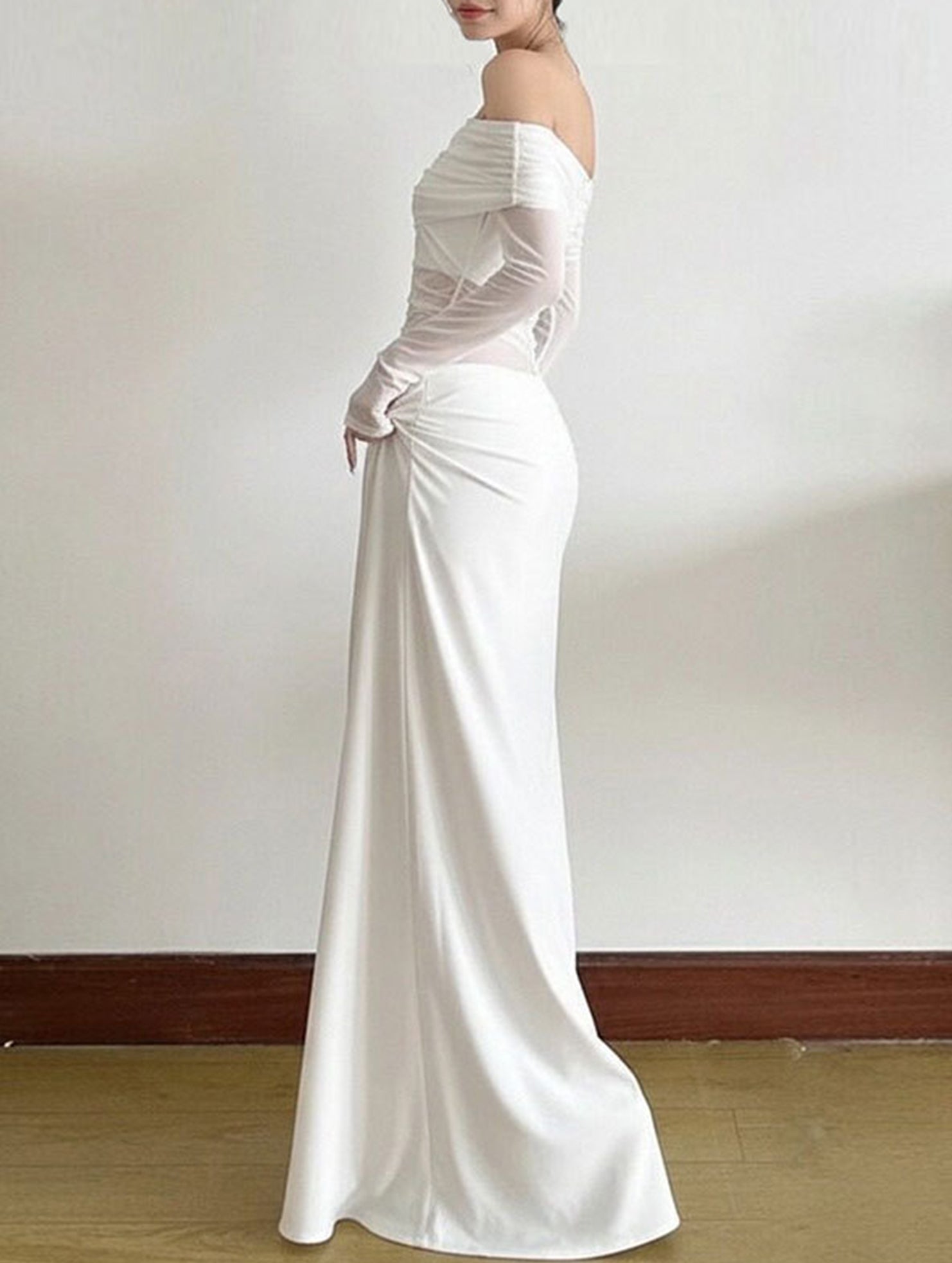 Elegant white French-style slim-fit dress by Christine Brewer, featuring a tailored silhouette and classic design.