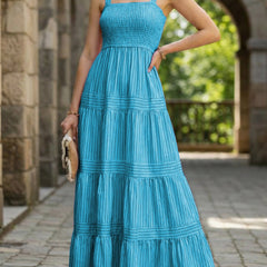 Blue and white striped retro maxi dress by Christine Brewer, featuring a flowy design and classic style.