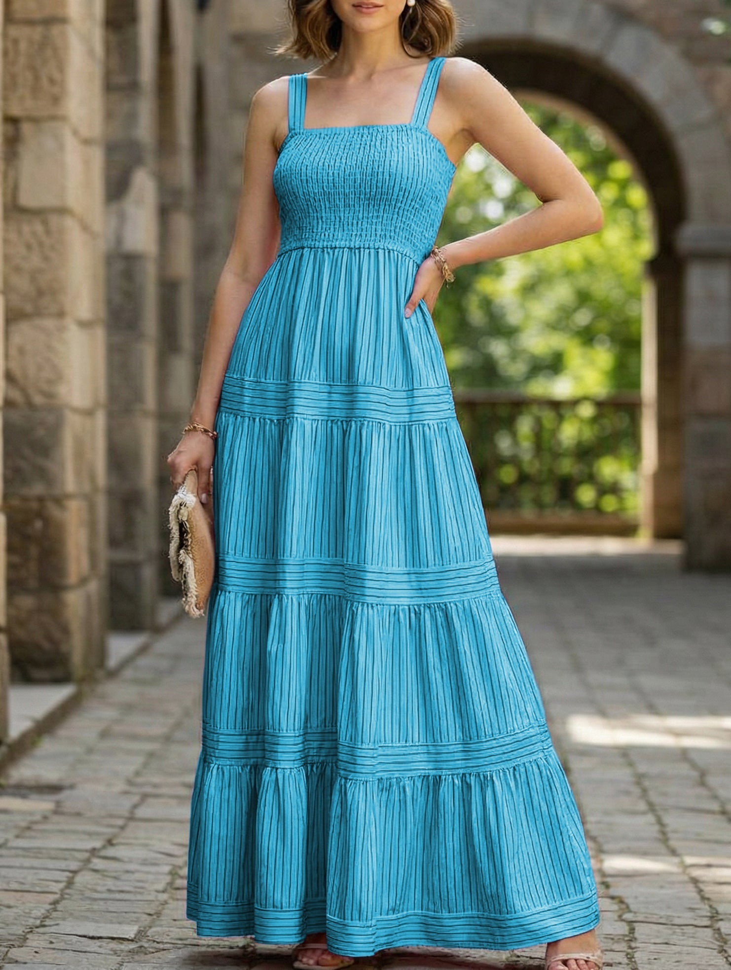 Blue and white striped retro maxi dress by Christine Brewer, featuring a flowy design and classic style.