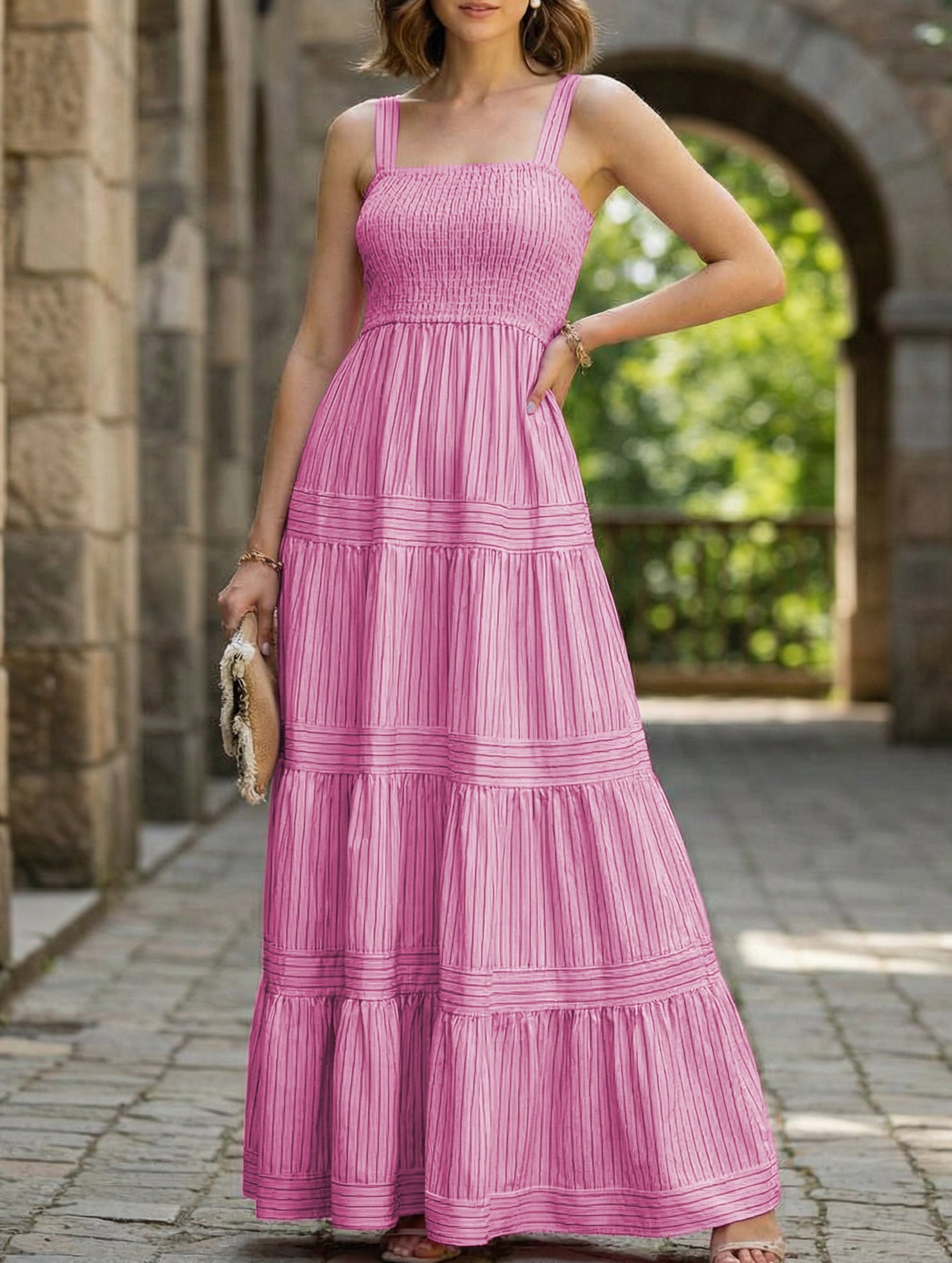 Pink striped retro maxi dress by Christine Brewer, flowing white dress with bold vertical stripes, perfect for summer wear.