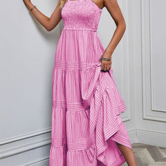 Pink retro striped maxi dress by Christine Brewer, flowing fabric, off-shoulder style, perfect for summer or casual wear.