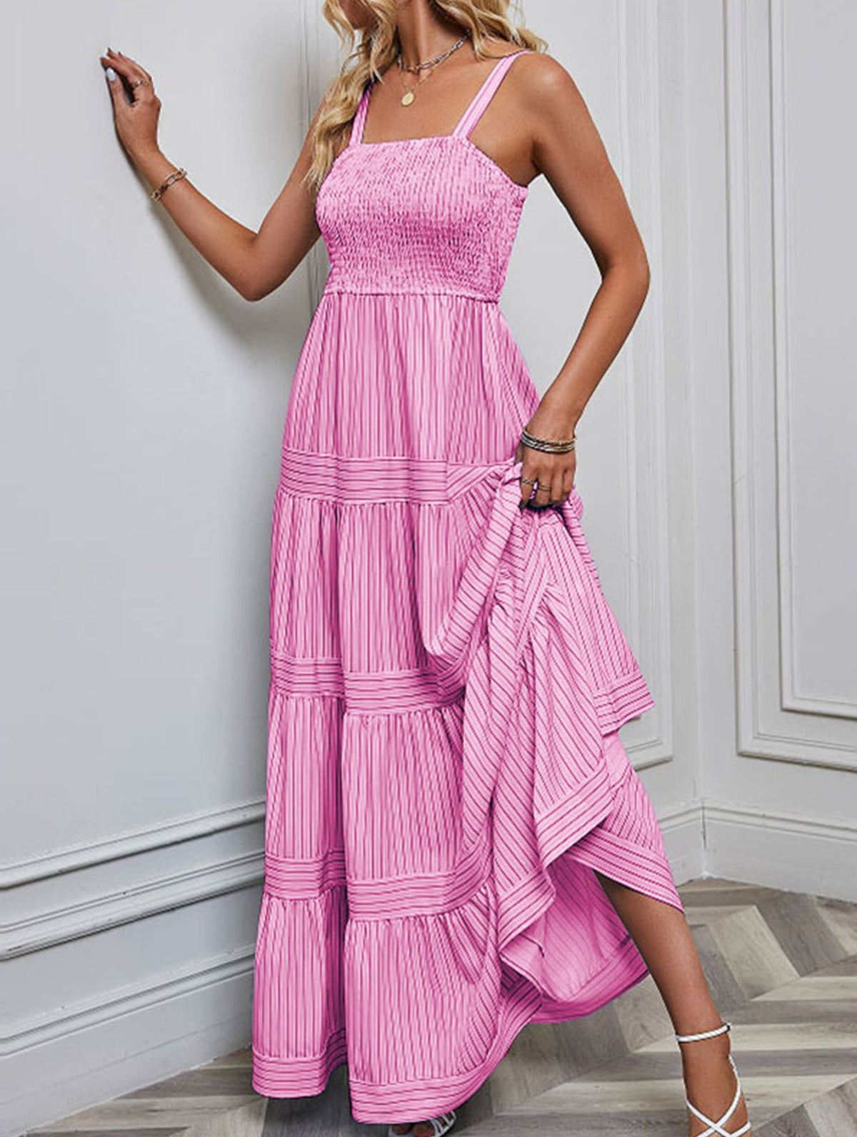 Pink retro striped maxi dress by Christine Brewer, flowing fabric, off-shoulder style, perfect for summer or casual wear.
