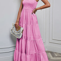 Pink retro striped maxi dress by Christine Brewer, flowing design with bold white and pink stripes, perfect for casual summer wear.