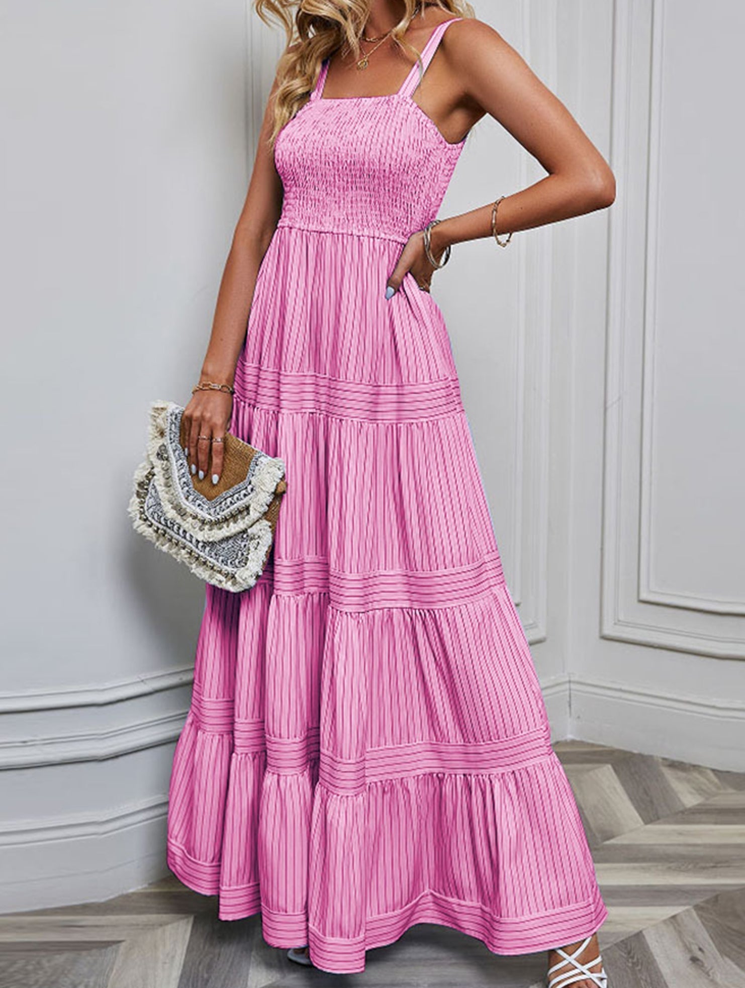 Pink retro striped maxi dress by Christine Brewer, flowing design with bold white and pink stripes, perfect for casual summer wear.