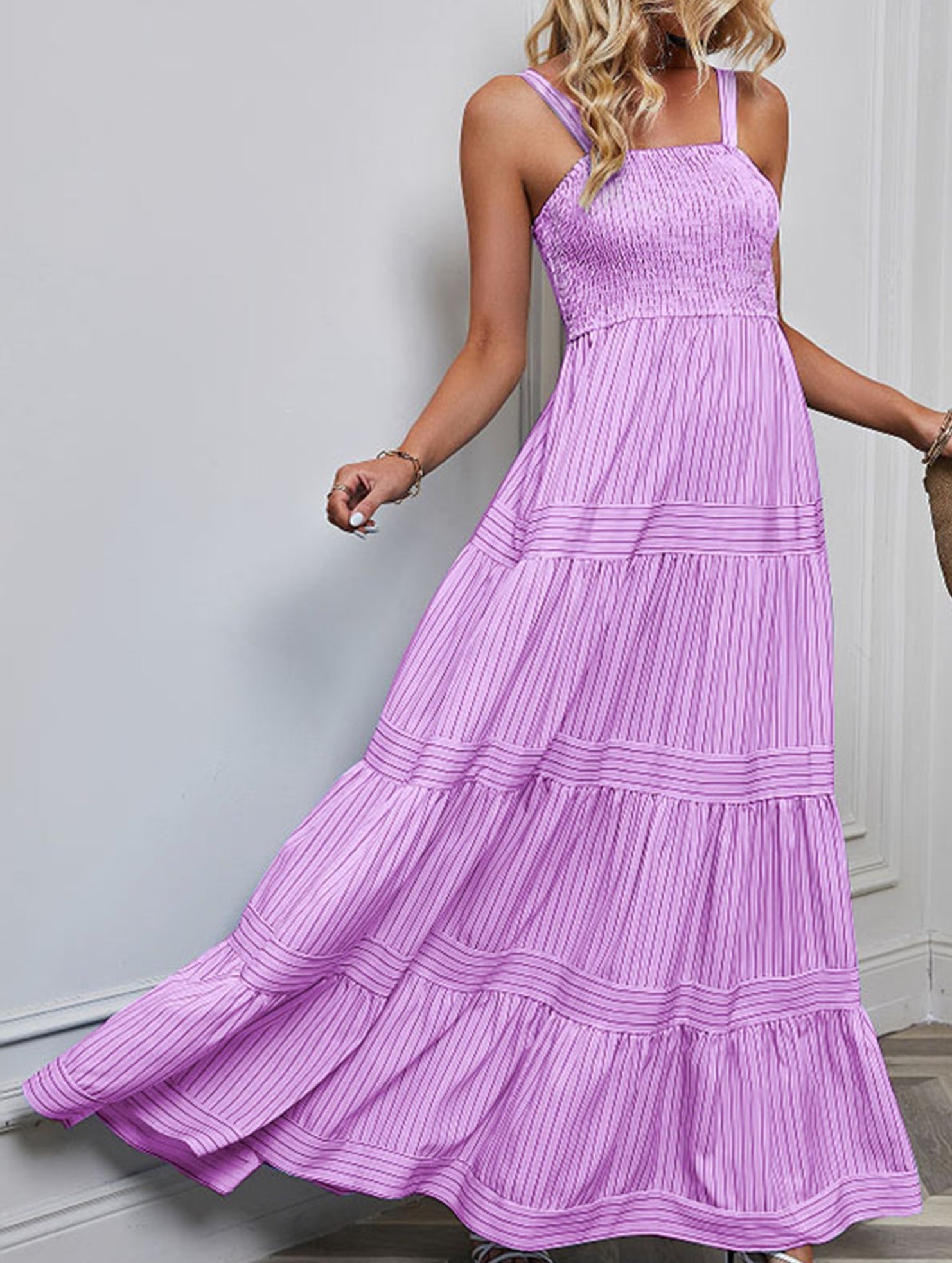 Purple retro striped maxi dress by Christine Brewer, flowing design with bold white and purple horizontal stripes.