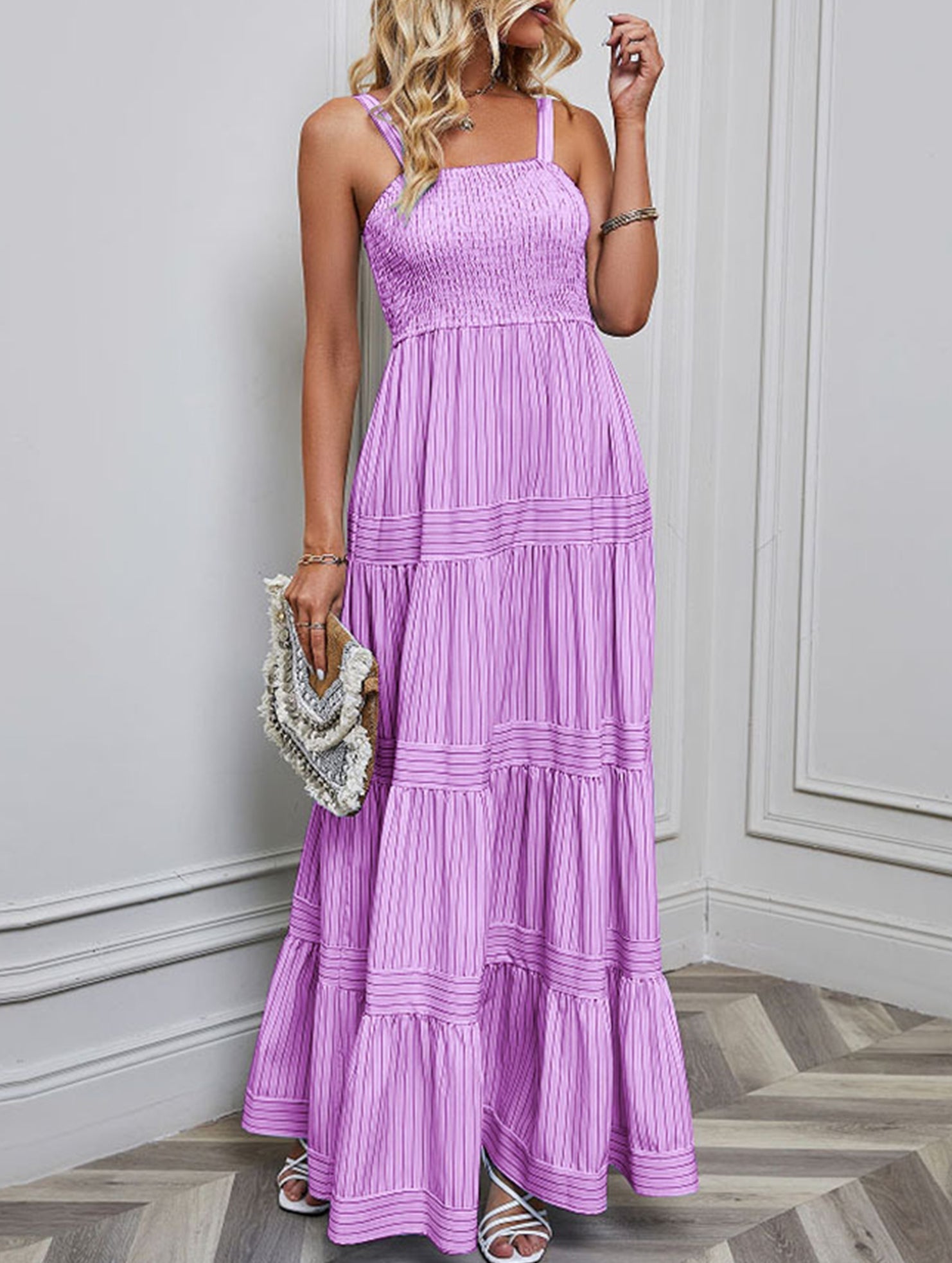 Purple retro striped maxi dress by Christine Brewer, featuring a flowing design and vibrant pattern perfect for casual or summer wear.
