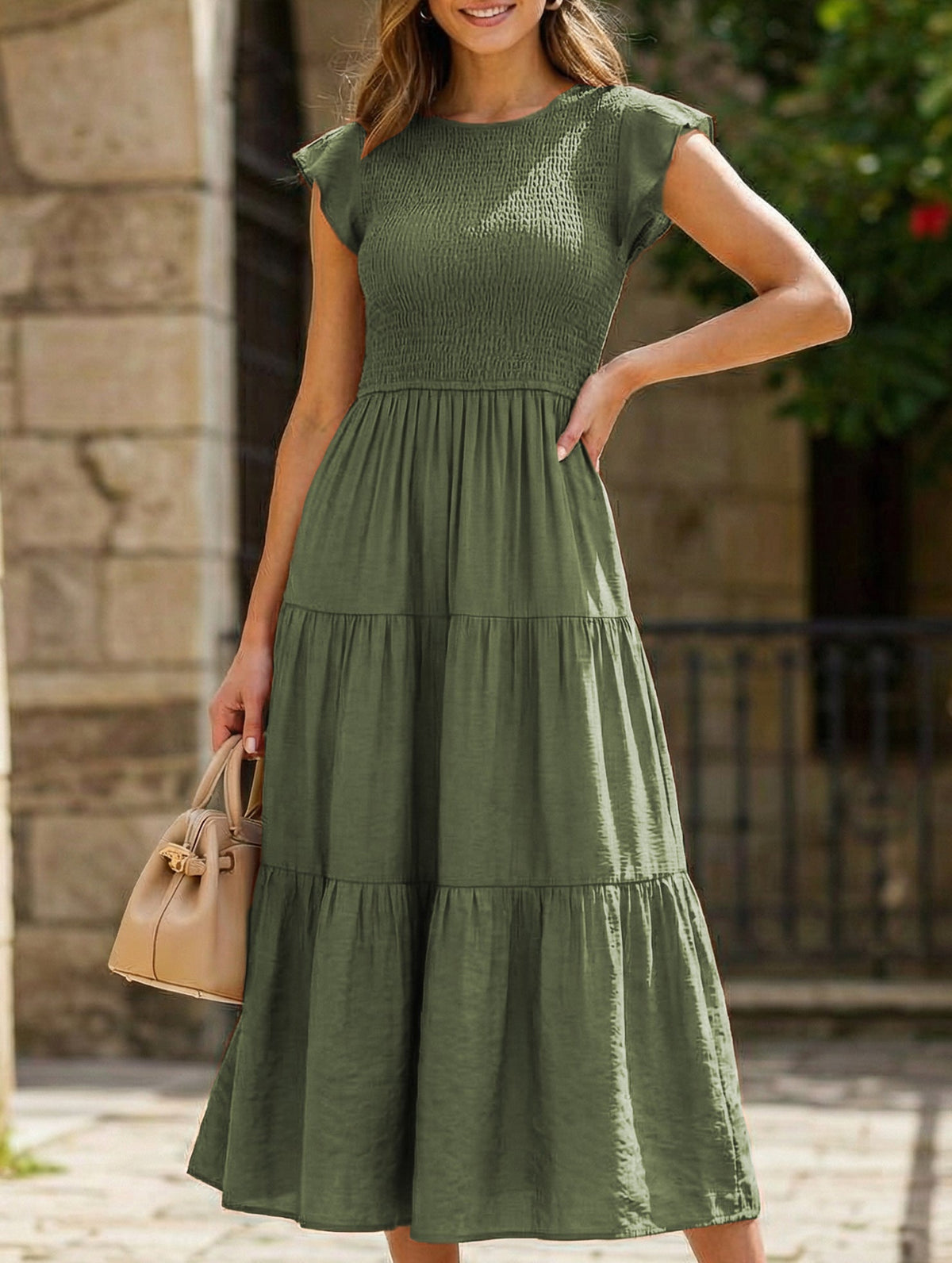 White solid color cross-border sleeved dress by Christine Brewer, featuring a relaxed fit and stylish design.