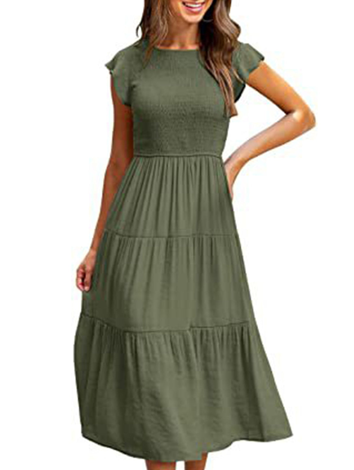 White sleeved cross-border dress by Christine Brewer, solid color, stylish and elegant, showcased on a model.
