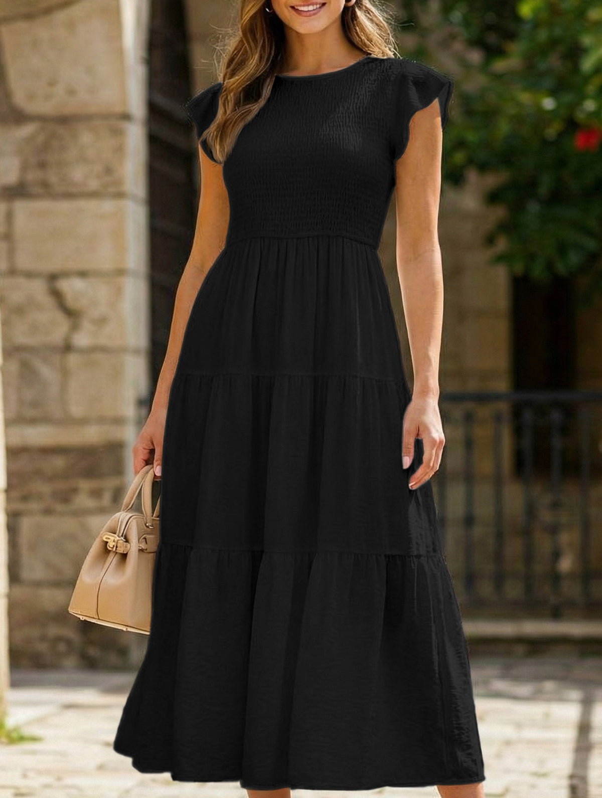 Black solid color cross-border sleeved dress by Christine Brewer, featuring a stylish and comfortable design.