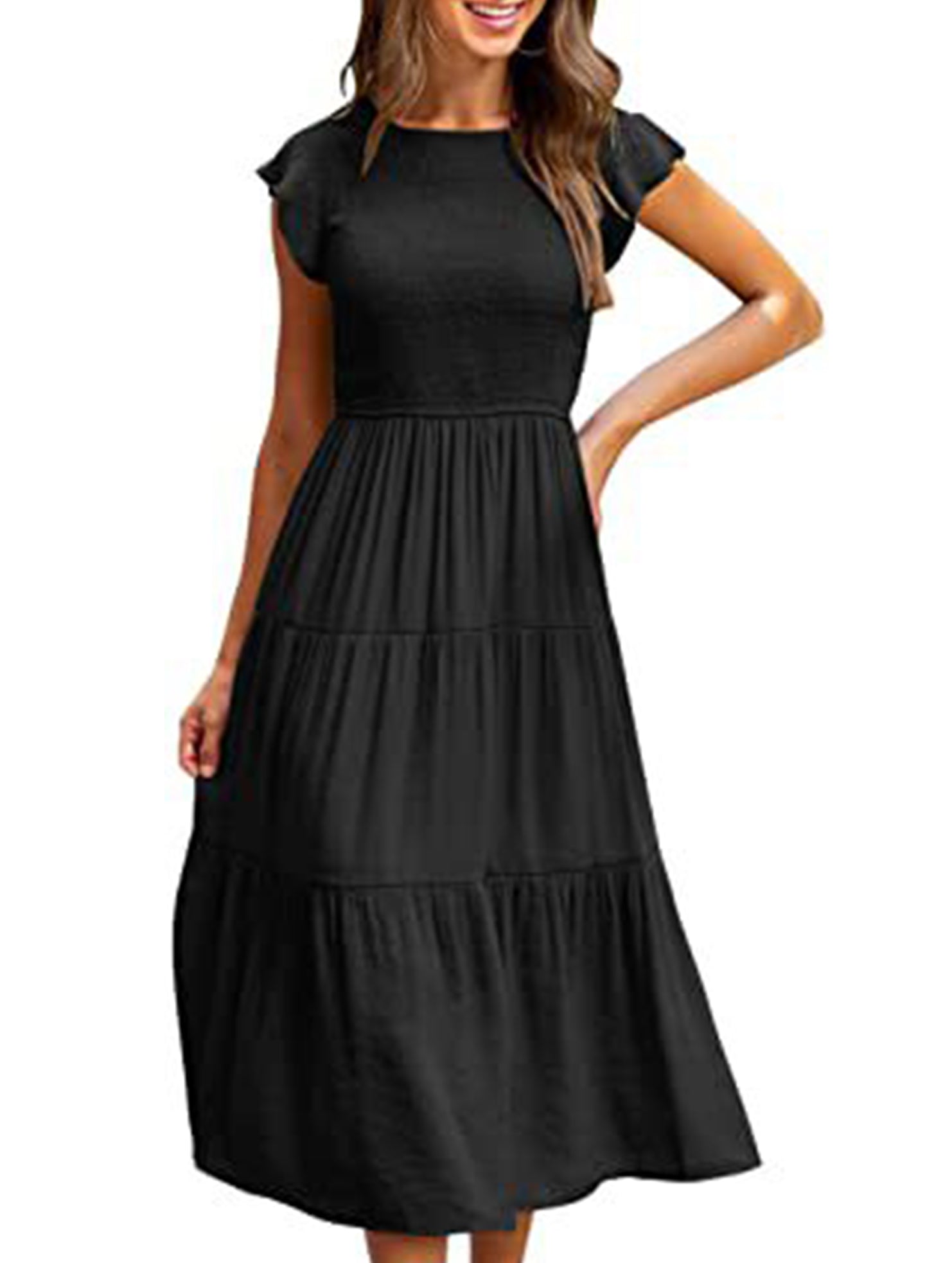 Black solid color cross-border sleeved dress by Christine Brewer, featuring a chic design and elegant fit.