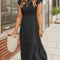 Black solid color cross-border sleeved dress by Christine Brewer, featuring a stylish design with long sleeves.