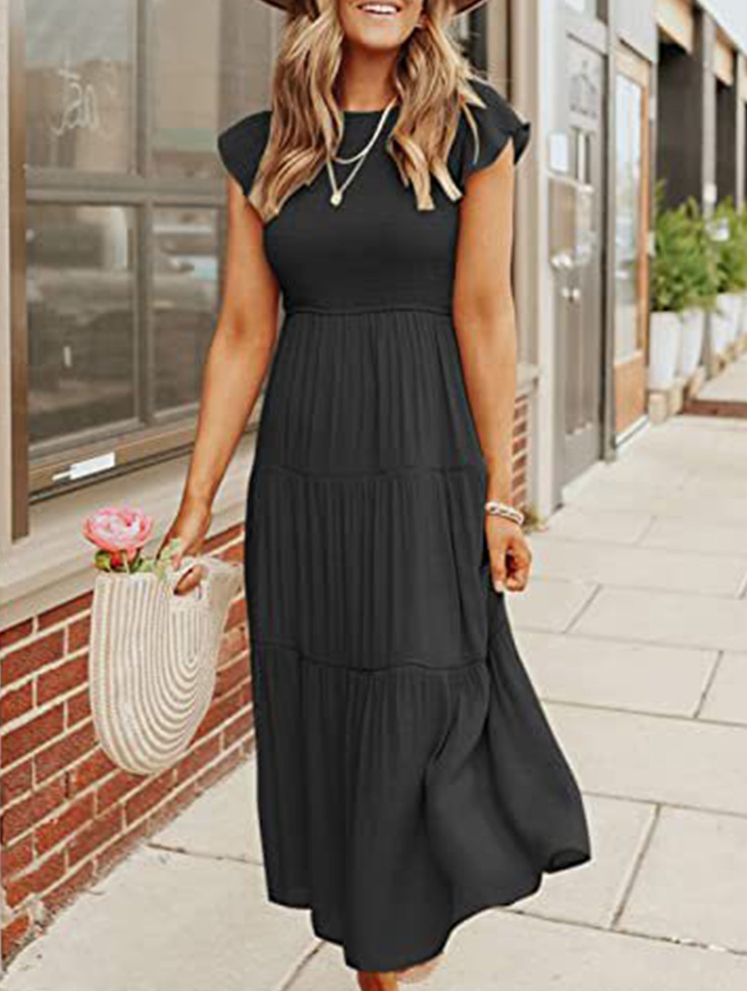 Black solid color cross-border sleeved dress by Christine Brewer, featuring a stylish design with long sleeves.