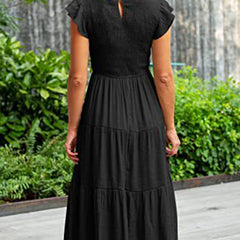 Black solid color cross-border sleeved dress by Christine Brewer, featuring a stylish design and elegant fit.
