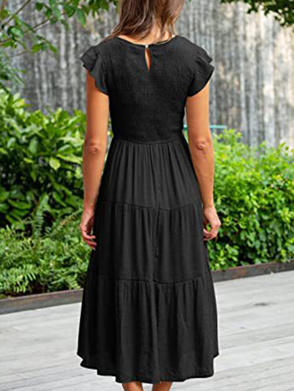 Black solid color cross-border sleeved dress by Christine Brewer, featuring a stylish design and elegant fit.