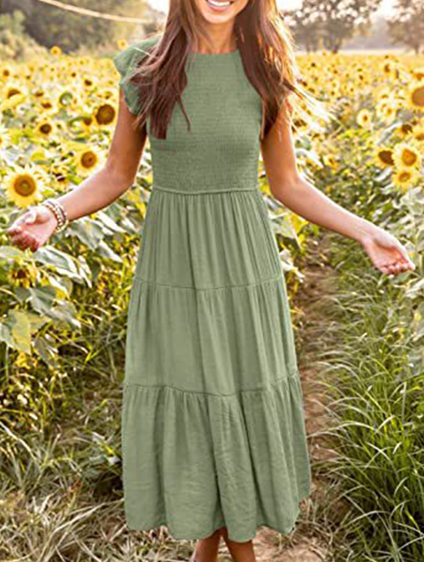 White solid color cross-border sleeved dress by Christine Brewer, featuring a stylish design and comfortable fit.