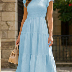 Light blue solid color cross-border sleeved dress by Christine Brewer, stylish and elegant for casual or formal occasions.