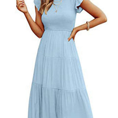Light blue solid color cross-border sleeved dress by Christine Brewer, stylish dress with a fitted silhouette and elegant design.