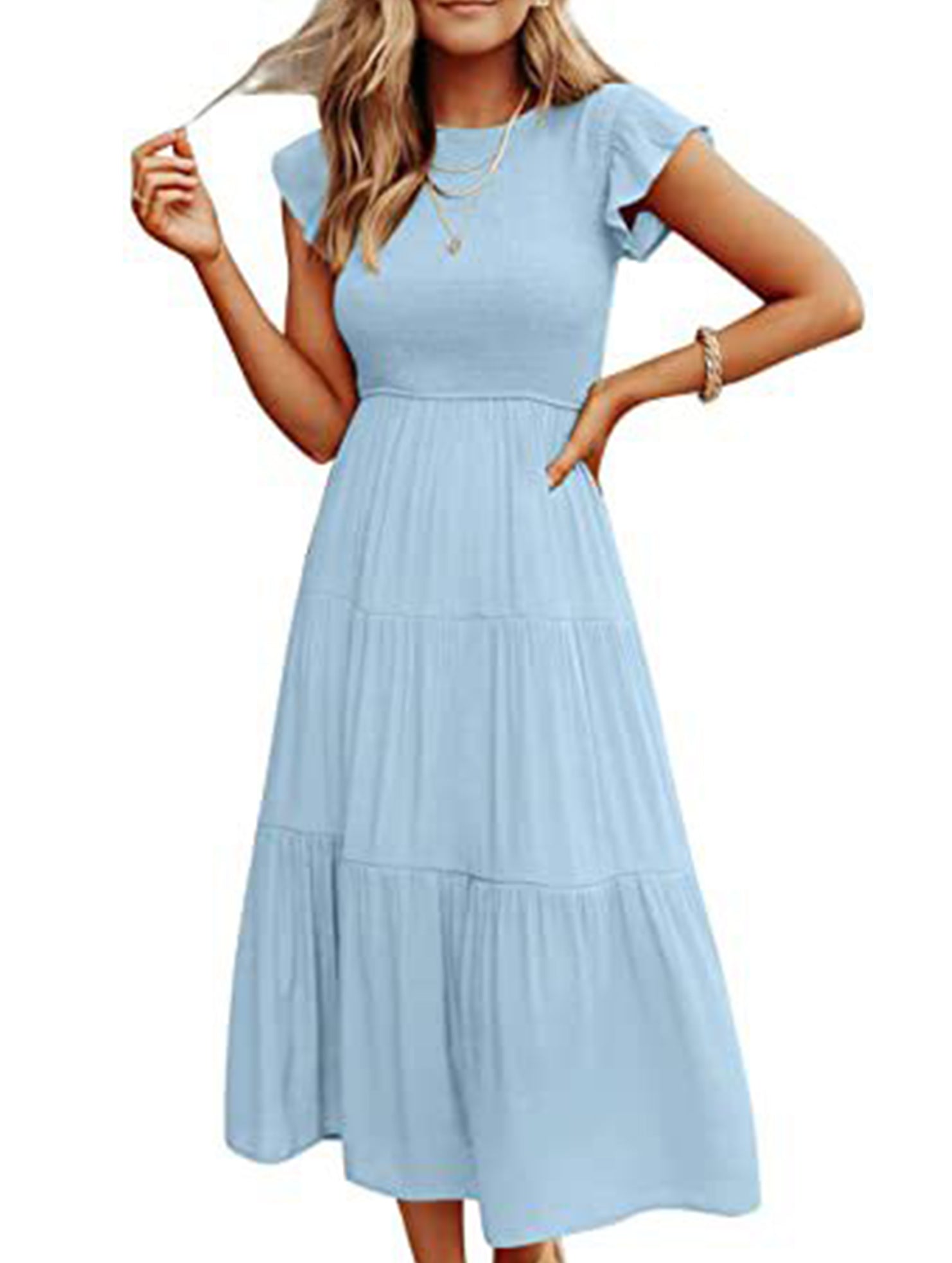 Light blue solid color cross-border sleeved dress by Christine Brewer, stylish dress with a fitted silhouette and elegant design.