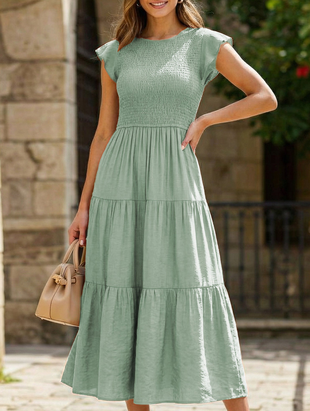 Light green solid color cross-border sleeved dress by Christine Brewer featuring a stylish, comfortable design.