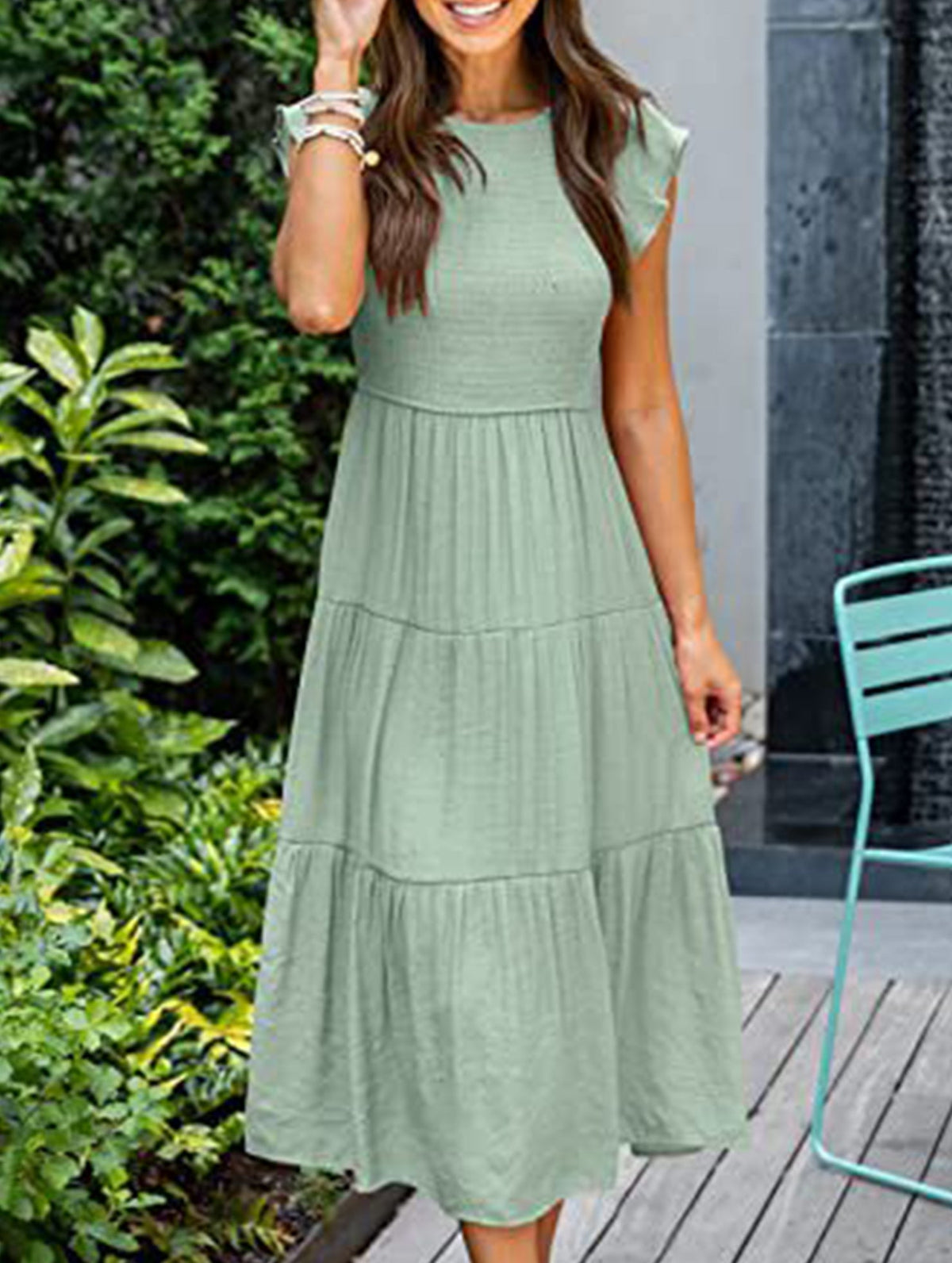 Light green solid color cross-border sleeved dress by Christine Brewer, featuring a stylish, elegant design perfect for various occasions.