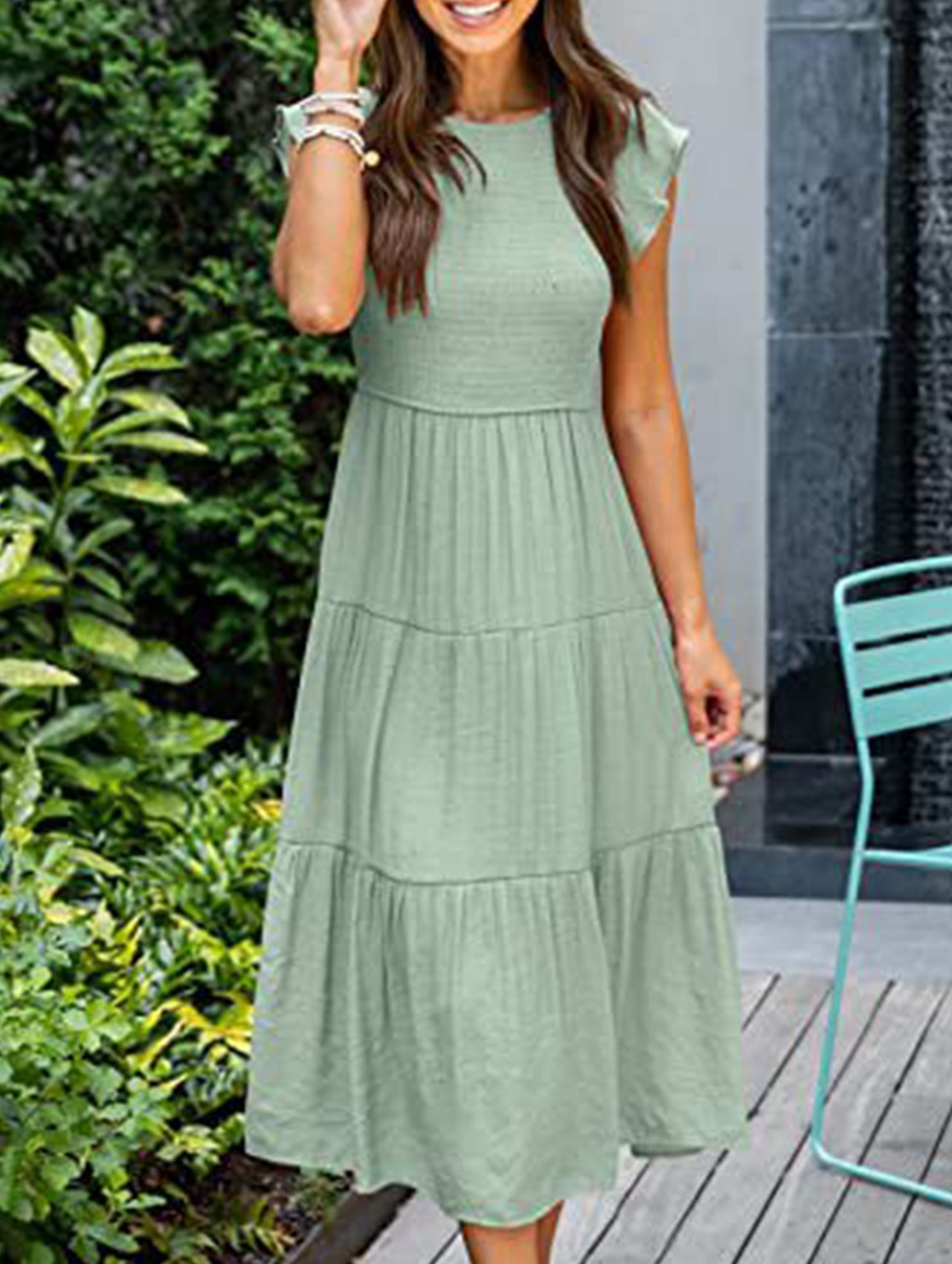 Light green solid color cross-border sleeved dress by Christine Brewer, featuring a stylish, elegant design perfect for various occasions.