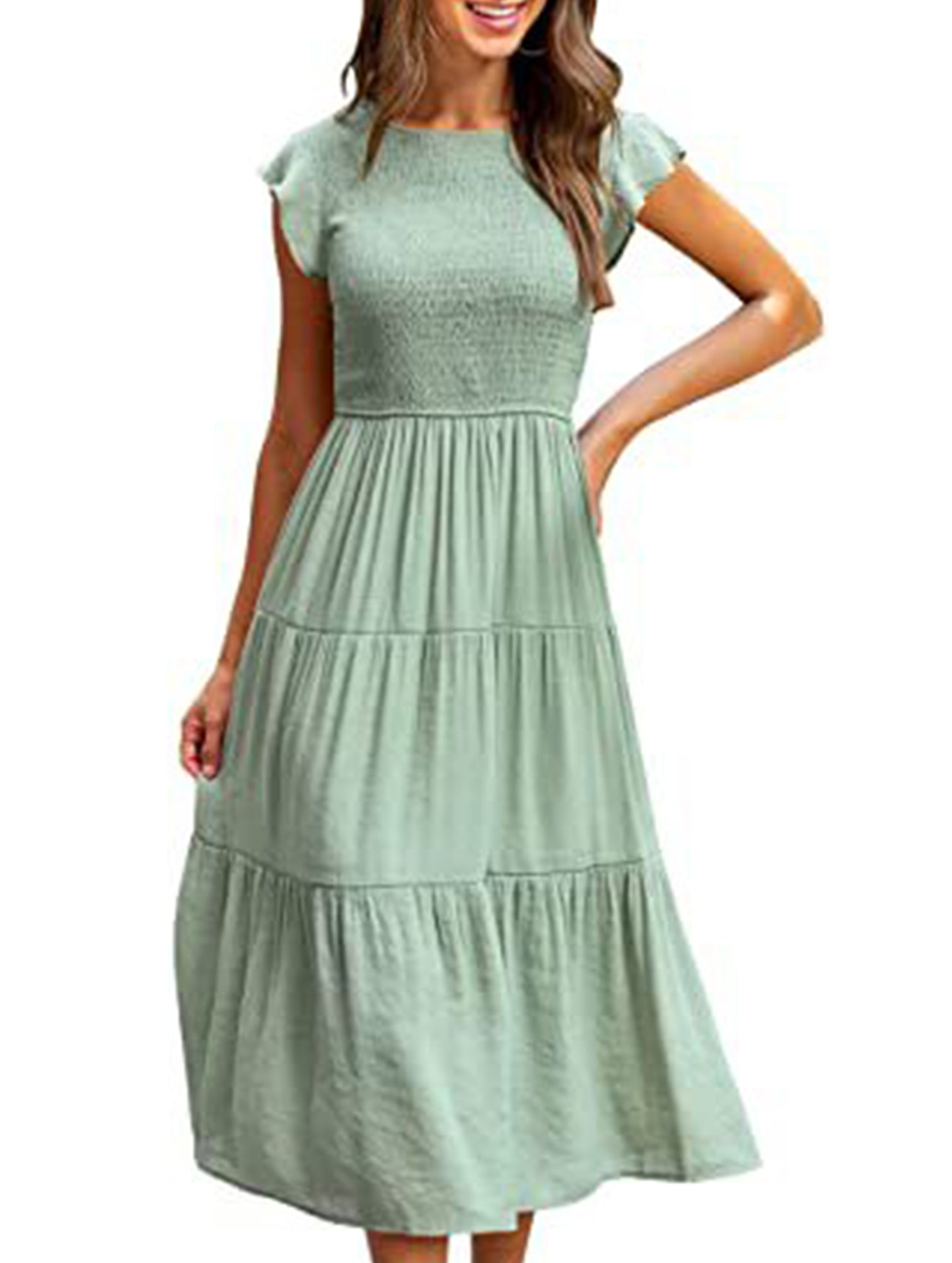 Light green solid color cross-border sleeved dress by Christine Brewer, showcasing a stylish and comfortable dress design.