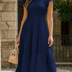 Navy solid color cross-border sleeved dress by Christine Brewer, featuring a stylish design and comfortable fit.