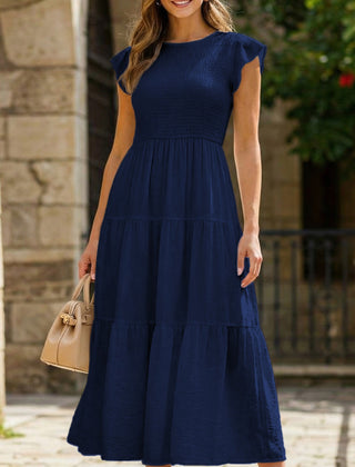 Navy solid color cross-border sleeved dress by Christine Brewer, featuring a stylish design and comfortable fit.