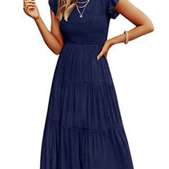 Navy solid color cross-border sleeved dress by Christine Brewer, stylish and elegant for versatile occasions.