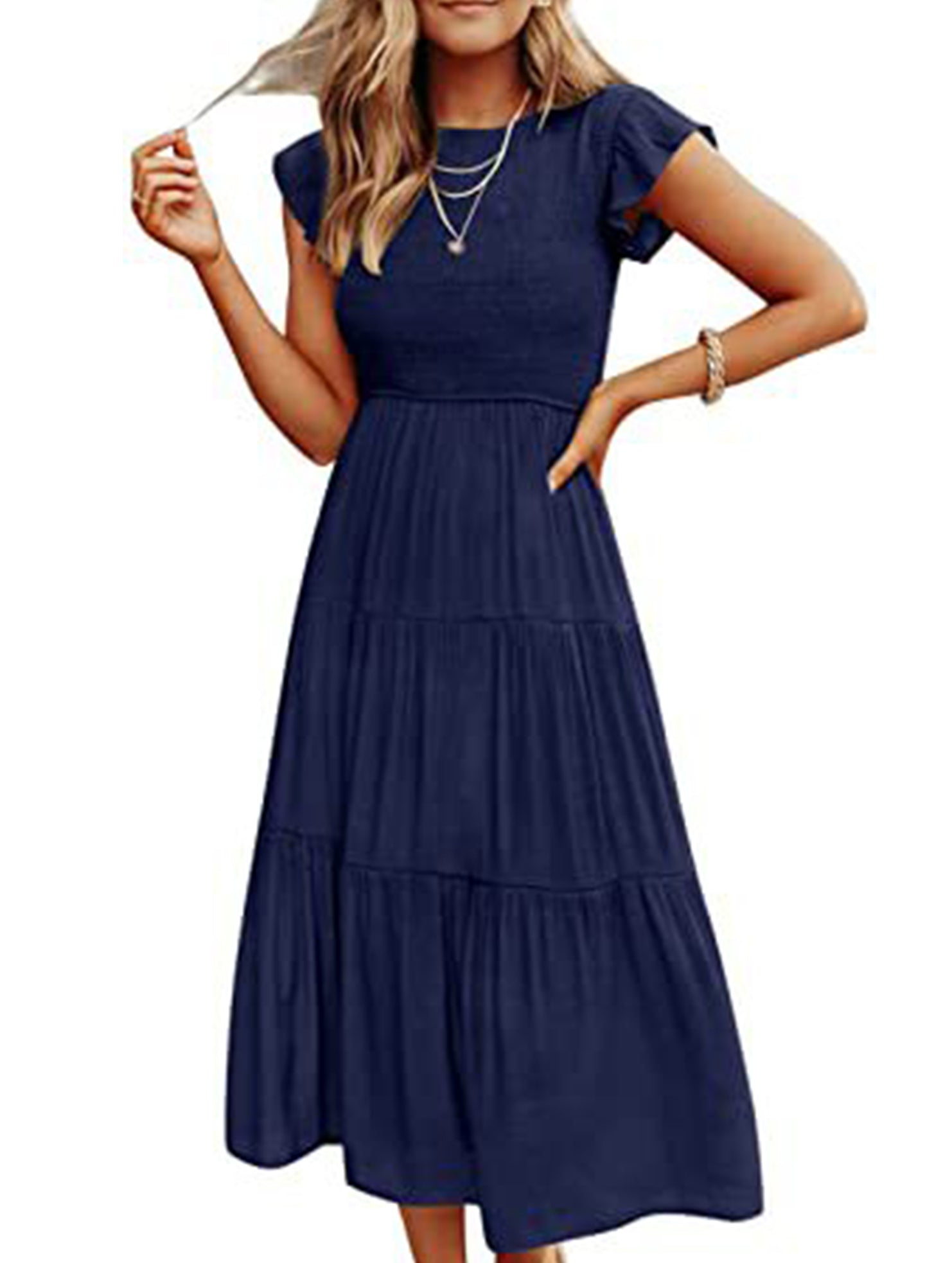 Navy solid color cross-border sleeved dress by Christine Brewer, stylish and elegant for versatile occasions.