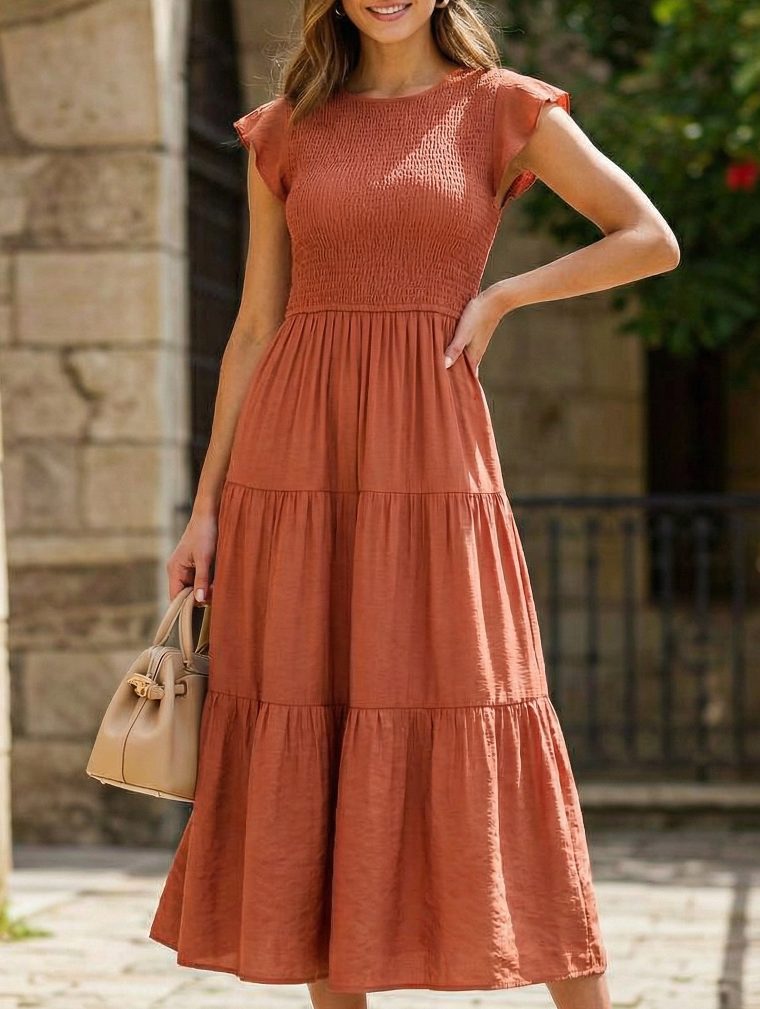 White solid color cross-border sleeved dress by Christine Brewer, featuring a stylish and comfortable design.