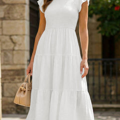White solid color cross-border sleeved dress by Christine Brewer, showcasing a stylish and elegant design with long sleeves.