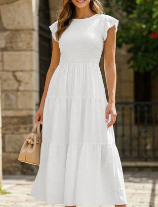 White solid color cross-border sleeved dress by Christine Brewer, showcasing a stylish and elegant design with long sleeves.