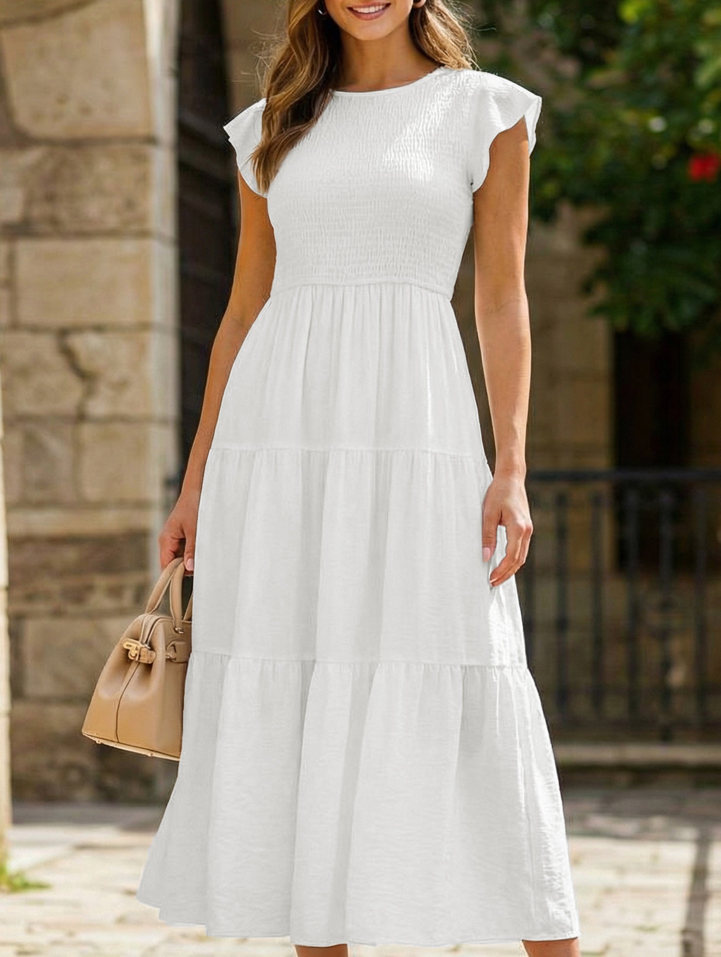 White solid color cross-border sleeved dress by Christine Brewer, showcasing a stylish and elegant design with long sleeves.