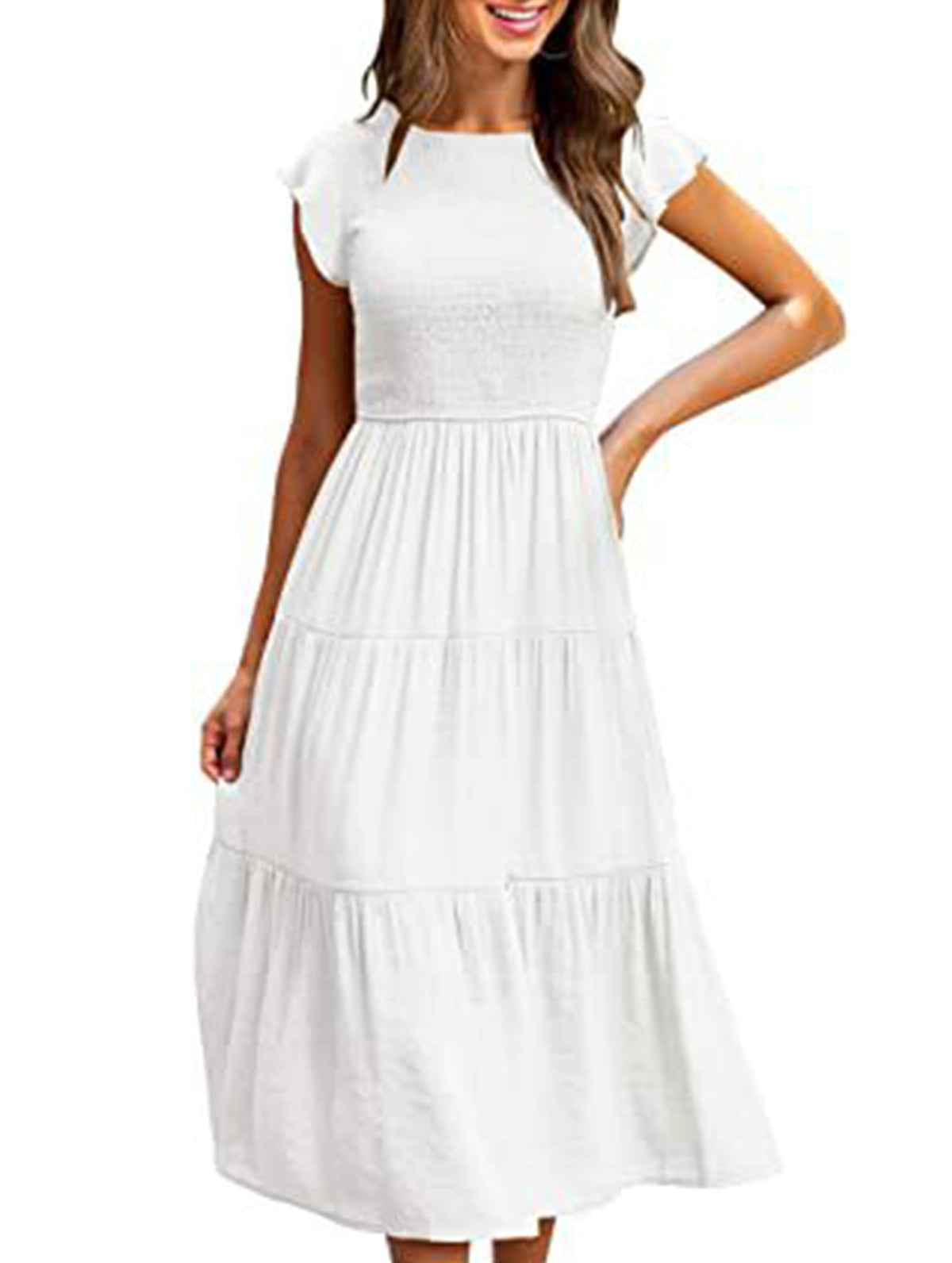 White solid color cross-border sleeved dress by Christine Brewer, featuring a stylish, elegant design with long sleeves and a fitted silhouette.