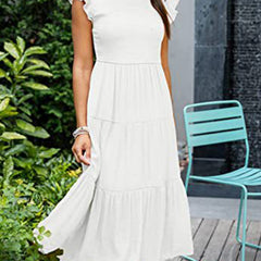 White solid color cross-border sleeved dress by Christine Brewer, featuring a stylish design perfect for casual or formal occasions.