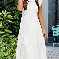 White solid color cross-border sleeved dress by Christine Brewer, featuring a stylish design and elegant fit.
