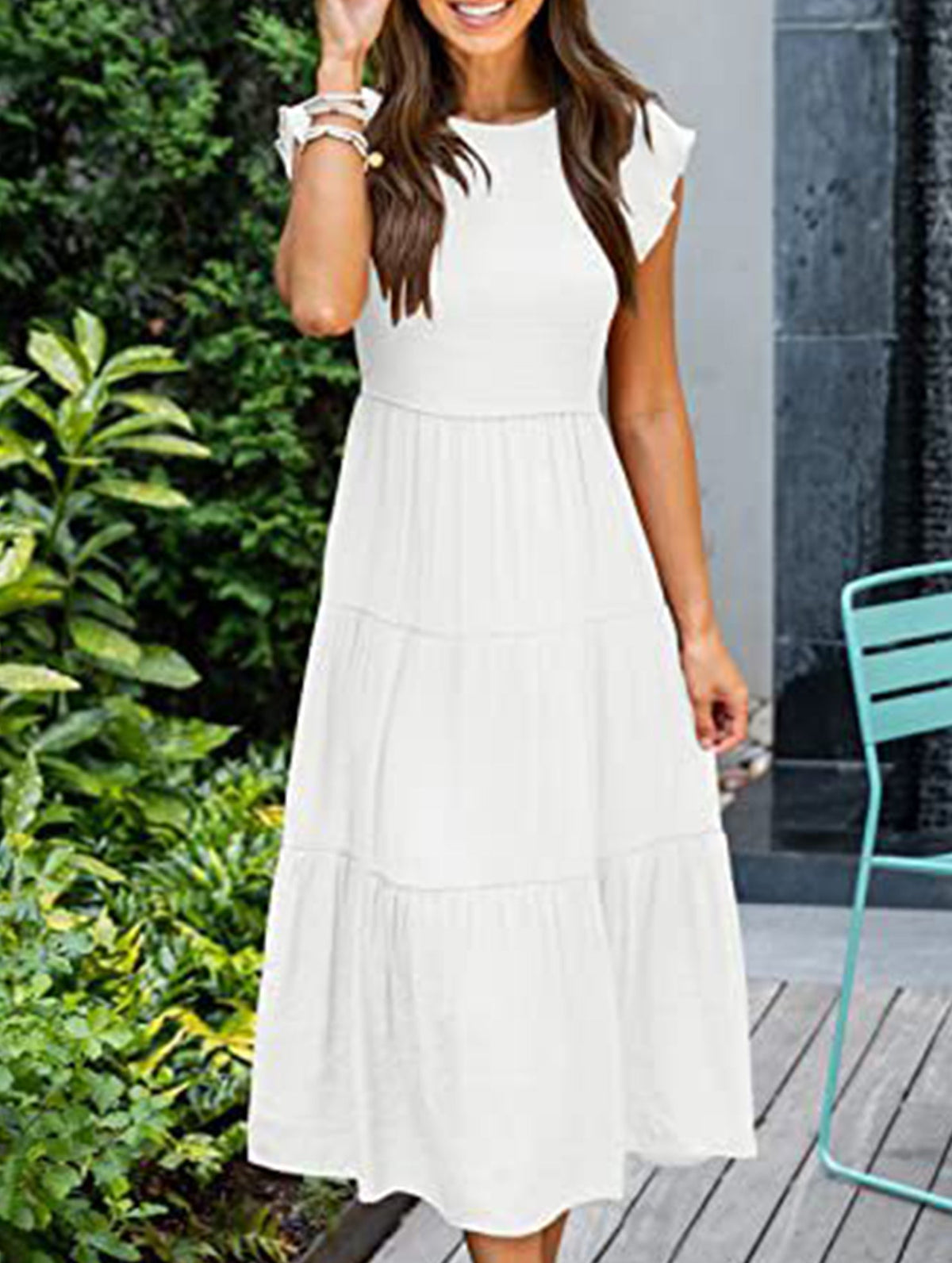 White solid color cross-border sleeved dress by Christine Brewer, featuring a stylish design and elegant fit.