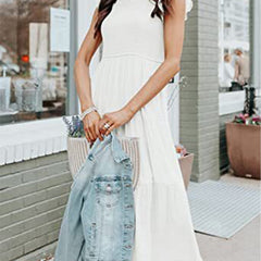 White solid color cross-border sleeved dress by Christine Brewer, showing elegant design and comfortable fit.