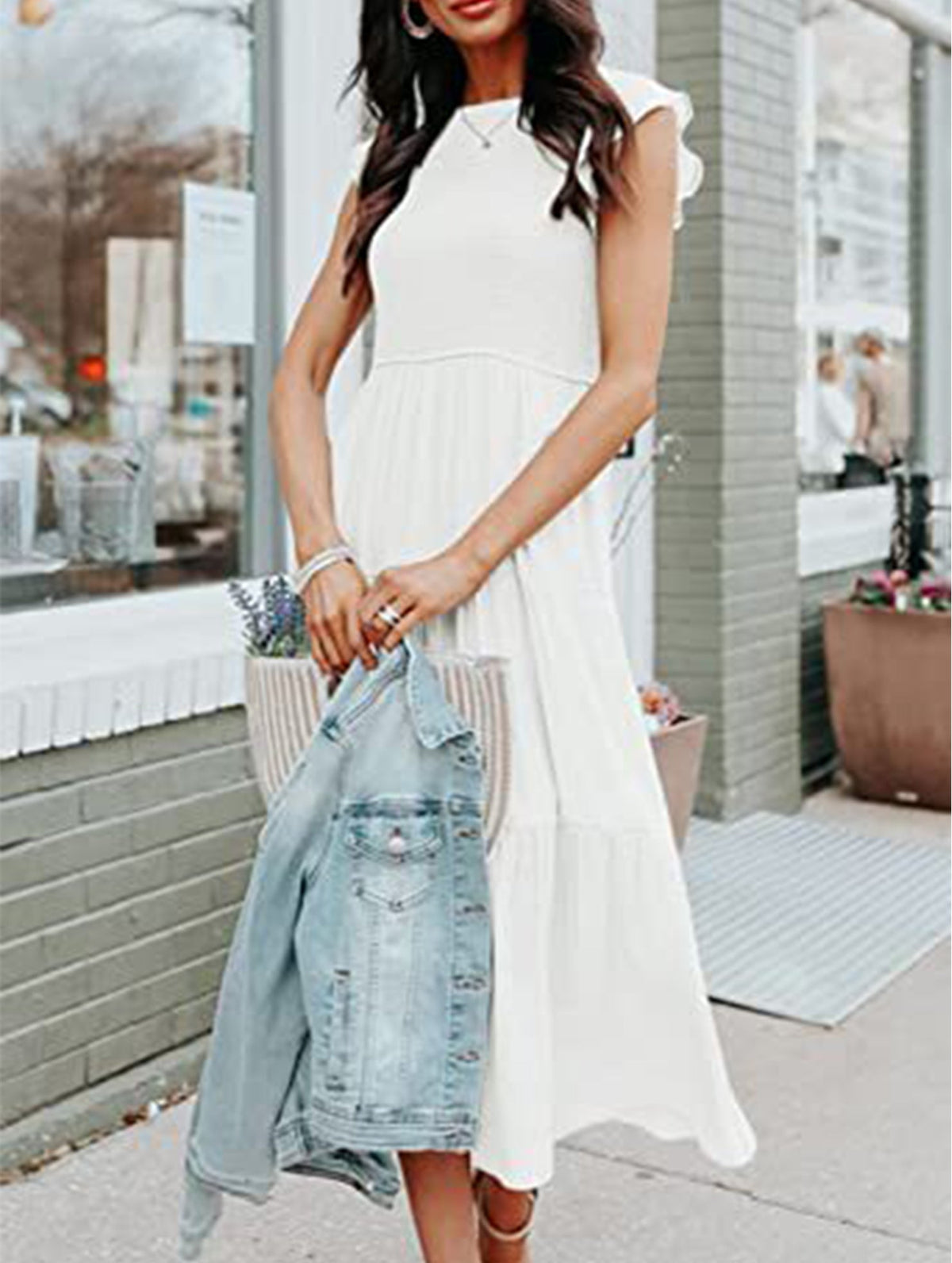 White solid color cross-border sleeved dress by Christine Brewer, showing elegant design and comfortable fit.