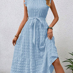 Light blue ruffled flutter sleeve tie textured dress by Christine Brewer, featuring a stylish and feminine design.