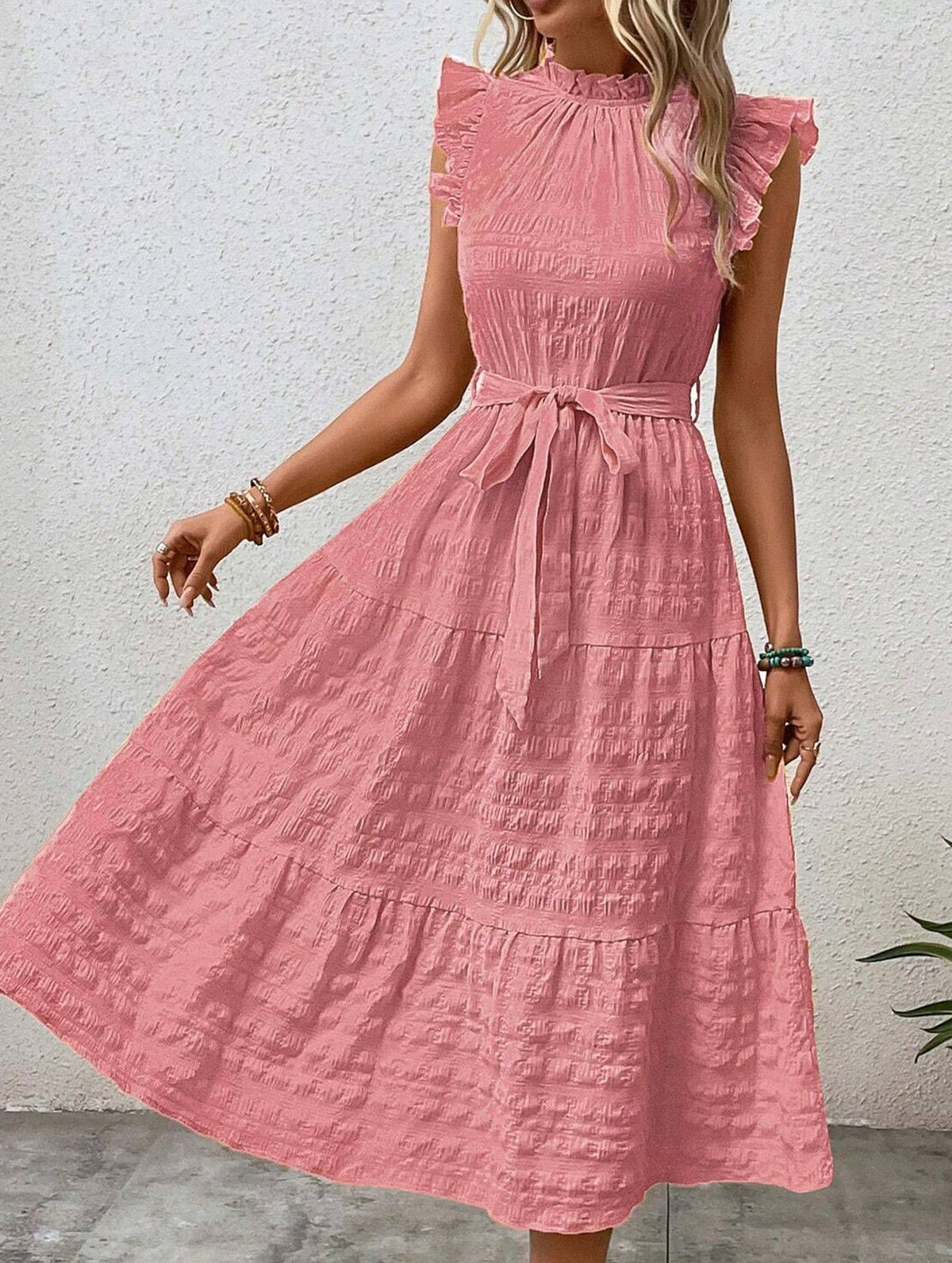 White ruffled flutter sleeve tie textured dress by Christine Brewer, featuring a stylish design perfect for summer or casual wear.