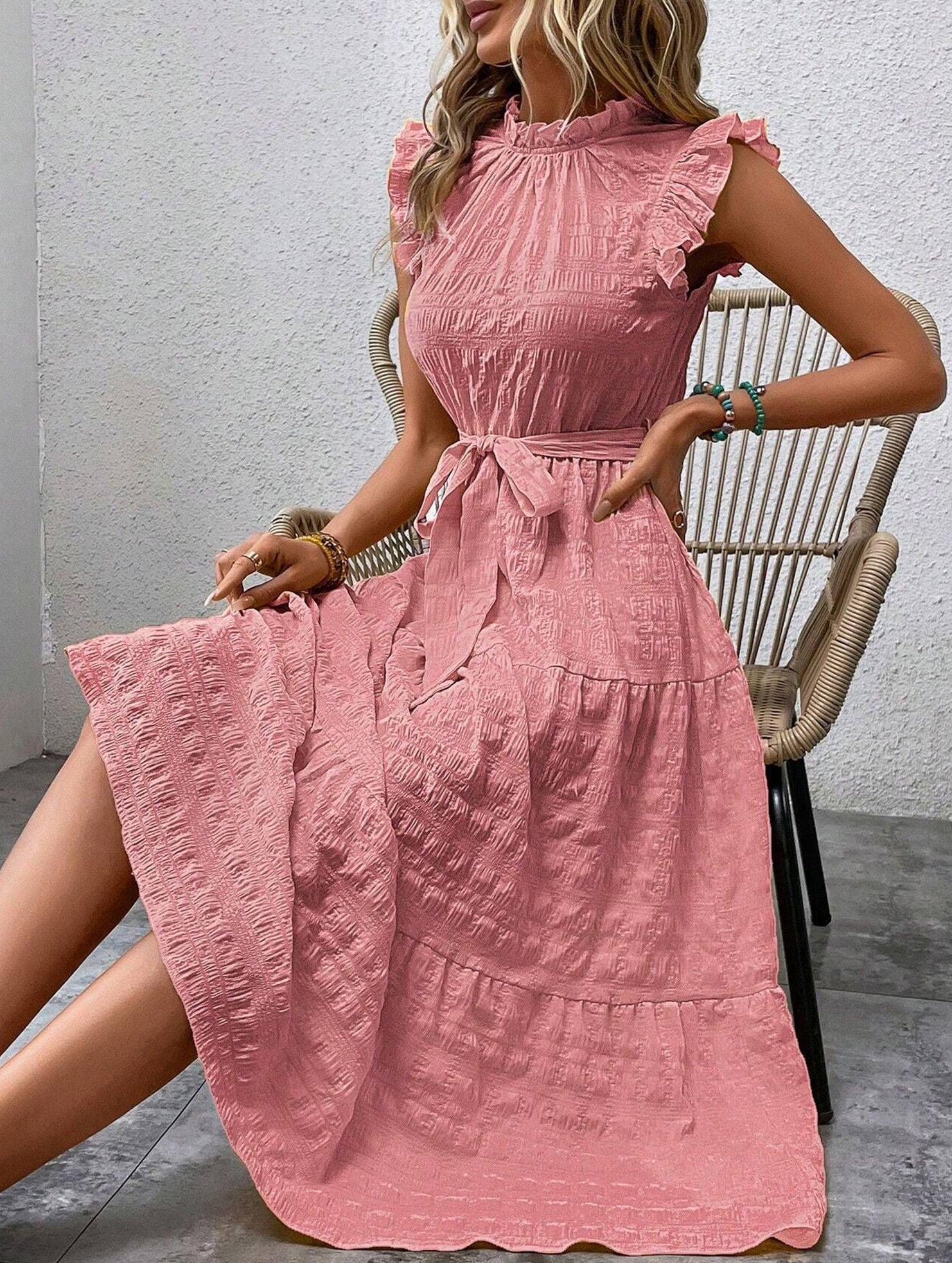 White ruffled flutter sleeve tie textured dress by Christine Brewer, featuring a stylish and elegant design with intricate fabric details.