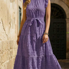 Purple ruffled flutter sleeve tie textured dress by Christine Brewer, featuring a stylish and elegant design.