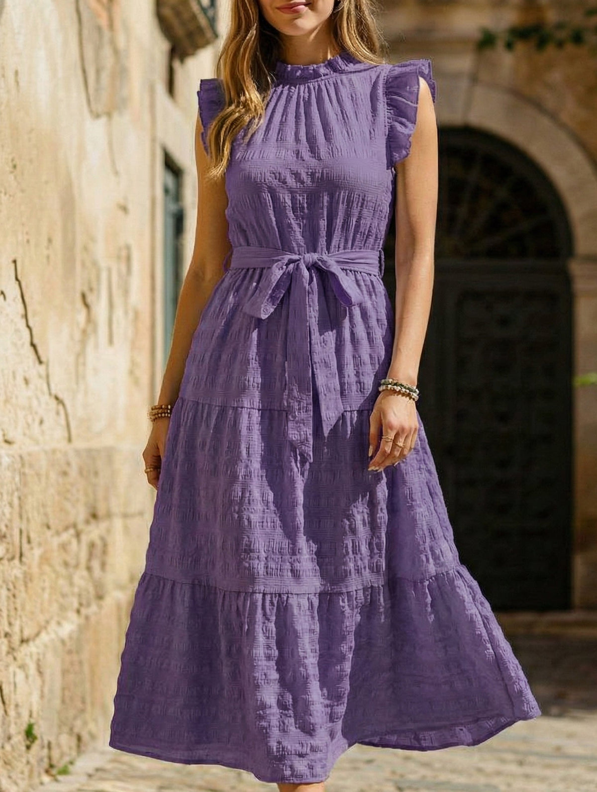 Purple ruffled flutter sleeve tie textured dress by Christine Brewer, featuring a stylish and elegant design.