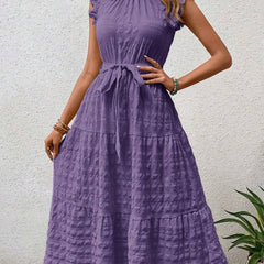 Purple ruffled flutter sleeve tie textured dress by Christine Brewer, featuring a flowy design and elegant detailing.